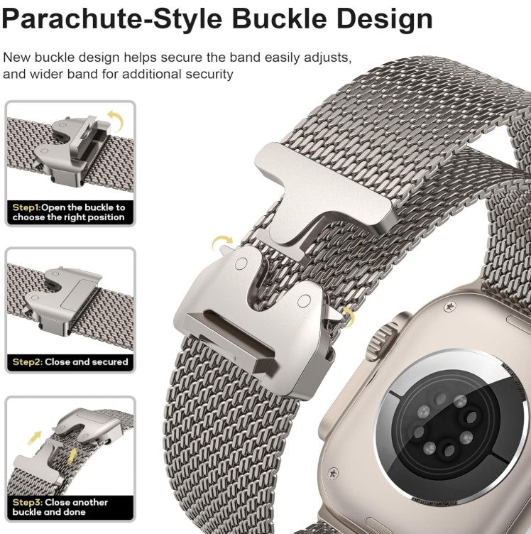 WSYB Milanese Magnetic Mesh Loop Compatible with Apple Watch Band Ultra 2/Ultra 49mm 46mm 45mm 44mm 42mm 41mm 40mm 38mm Men Women, Designer Parachute-Style Metal Buckle Adjustable Strap for iWatch SE Series 11/10/9/8/7/6/5/4